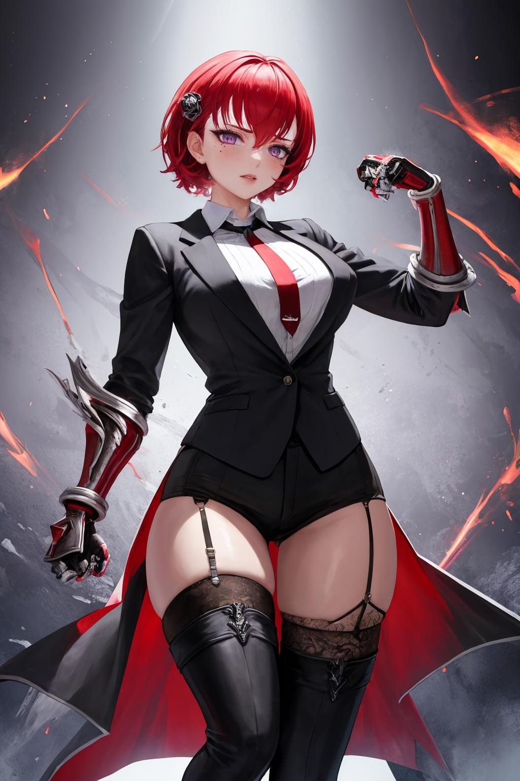 masterpiece, best quality, <lora:janghwa-lo-richy-v1:1> 1girl, solo, standing, janghwarnd, mole under eye, purple eyes, garter straps, thighhighs, thigh boots,formal, suit, red necktie, large breasts, bracelet, clawed gauntlets, 