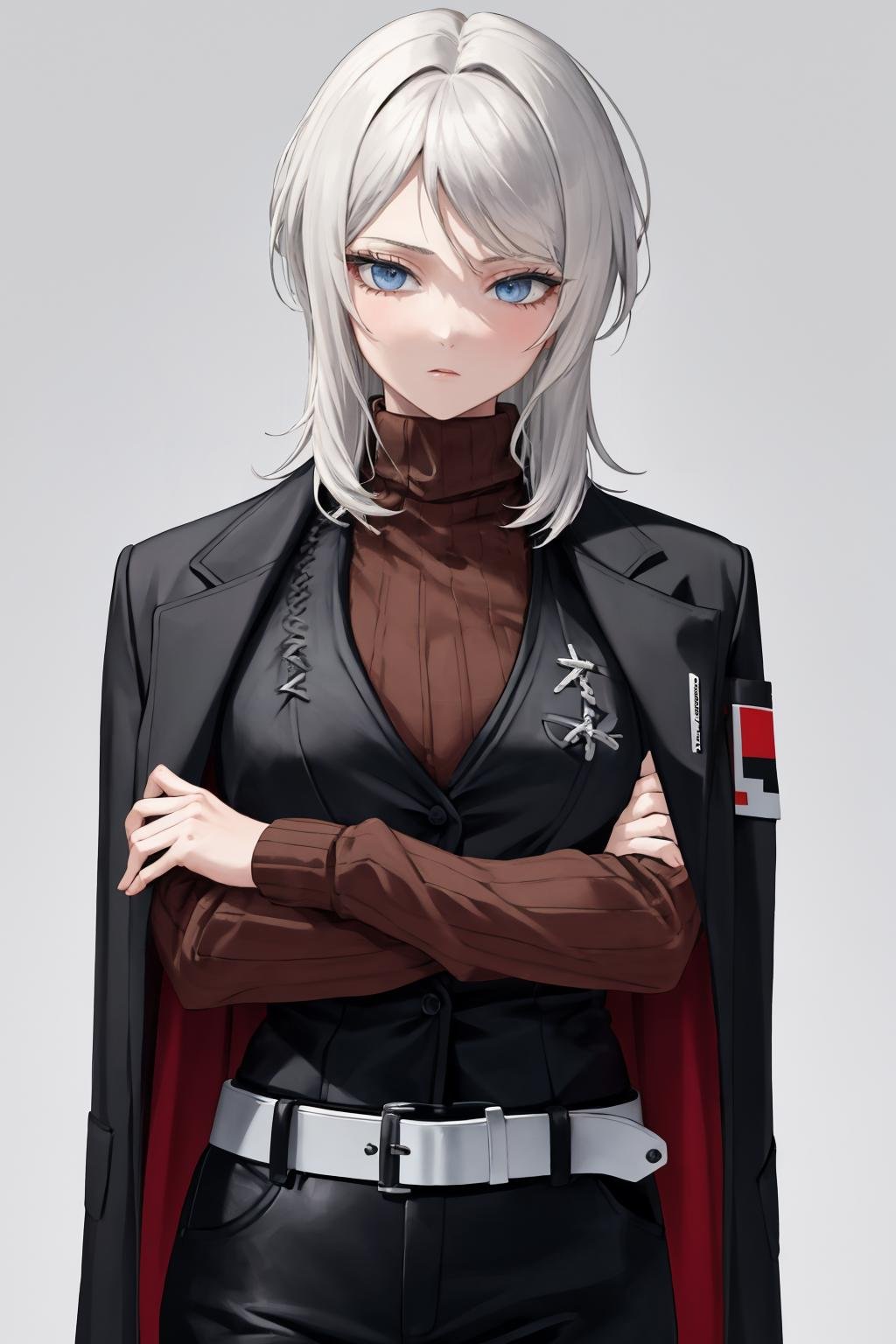 masterpiece, best quality, 1girl, solo, <lora:faust-lc-richy-v1:1> faust, black jacket, jacket on shoulders, turtleneck sweater, long sleeves, vest, belt, black pants, hip focus, crossed arms, ribbed sweater, 