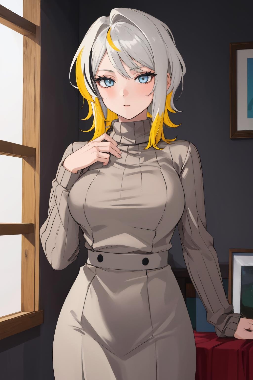 masterpiece, best quality, 1girl, solo, standing, <lora:faust-lc-richy-v1:1> faust, turtleneck sweater, long sleeves, grey hair, yellow hair, streaked hair