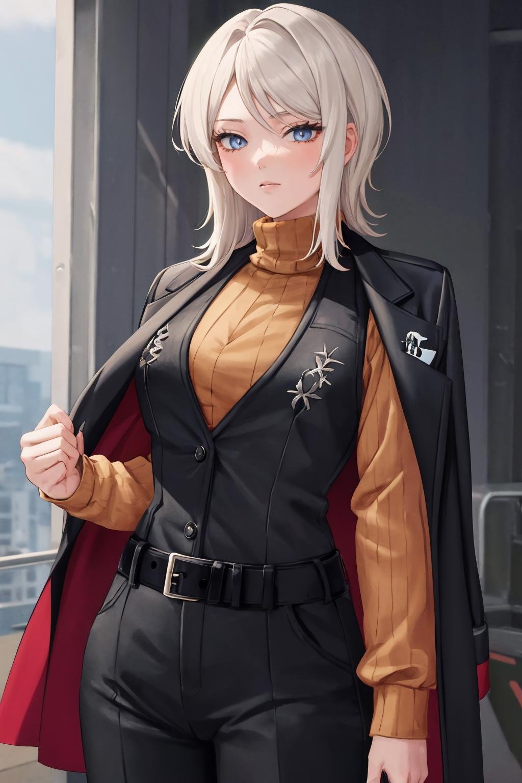 masterpiece, best quality, 1girl, solo, <lora:faust-lc-richy-v1:1> faust, black jacket, jacket on shoulders, turtleneck sweater, long sleeves, vest, belt, black pants, hip focus