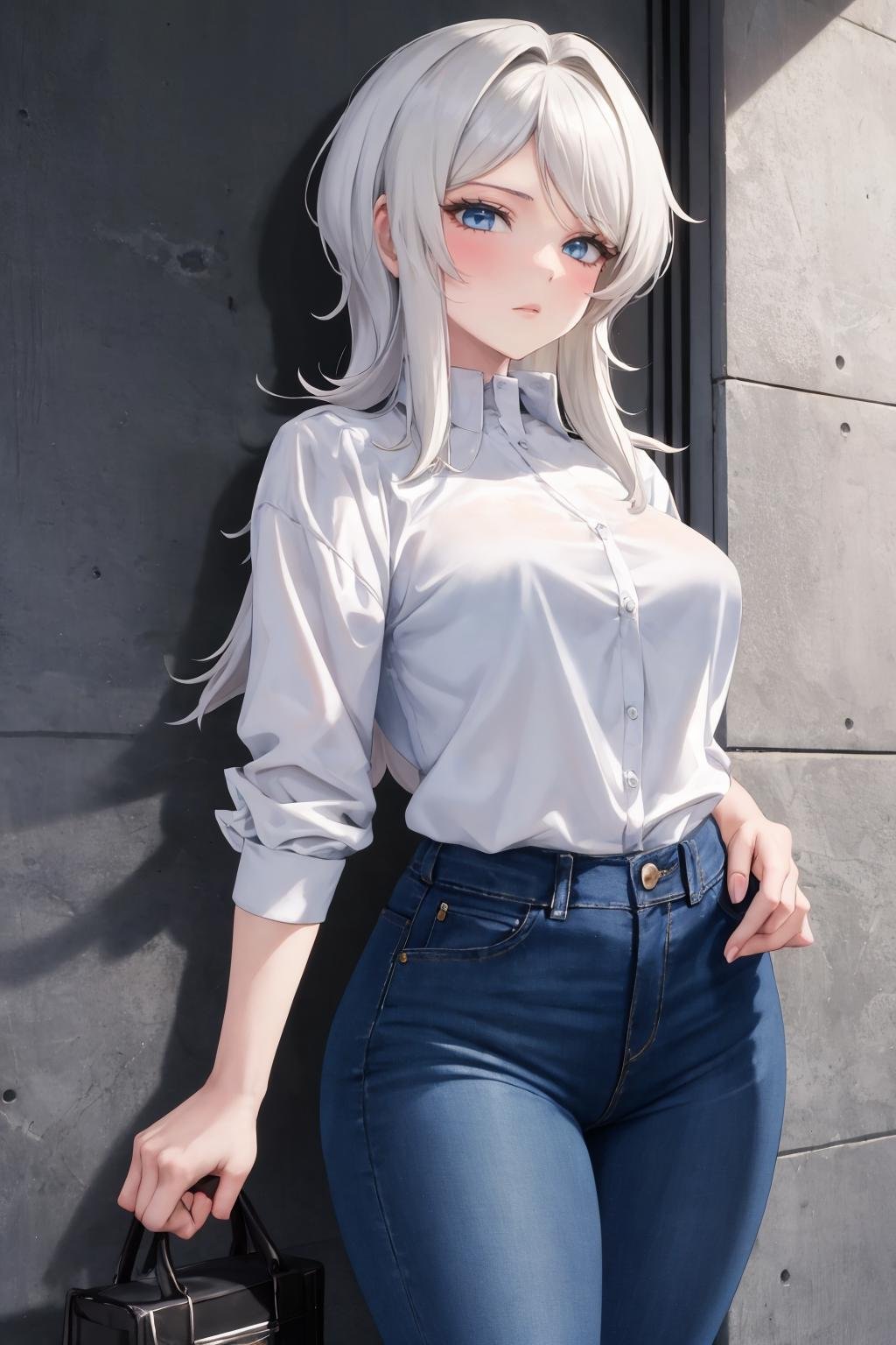 masterpiece, best quality, 1girl, solo, <lora:faust-lc-richy-v1:1> faust, white shirt, jeans