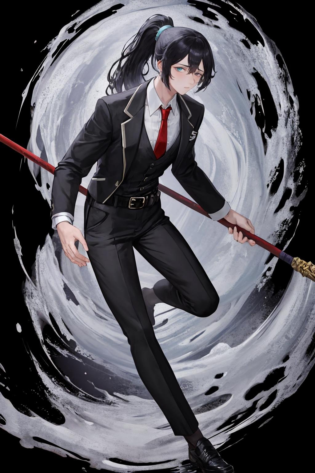 masterpiece, best quality, 1boy, male focus, solo, <lora:honglu-lc-richy-v1:1> honglu, ponytail, grey eyes, heterochromia, looking at viewer, from side, holding polearm, polearm, full body, black pants, belt, red necktie, suit, formal, black jacket, <lora:FEH_Concept_v2:1> (black background, simple background:1.3) 