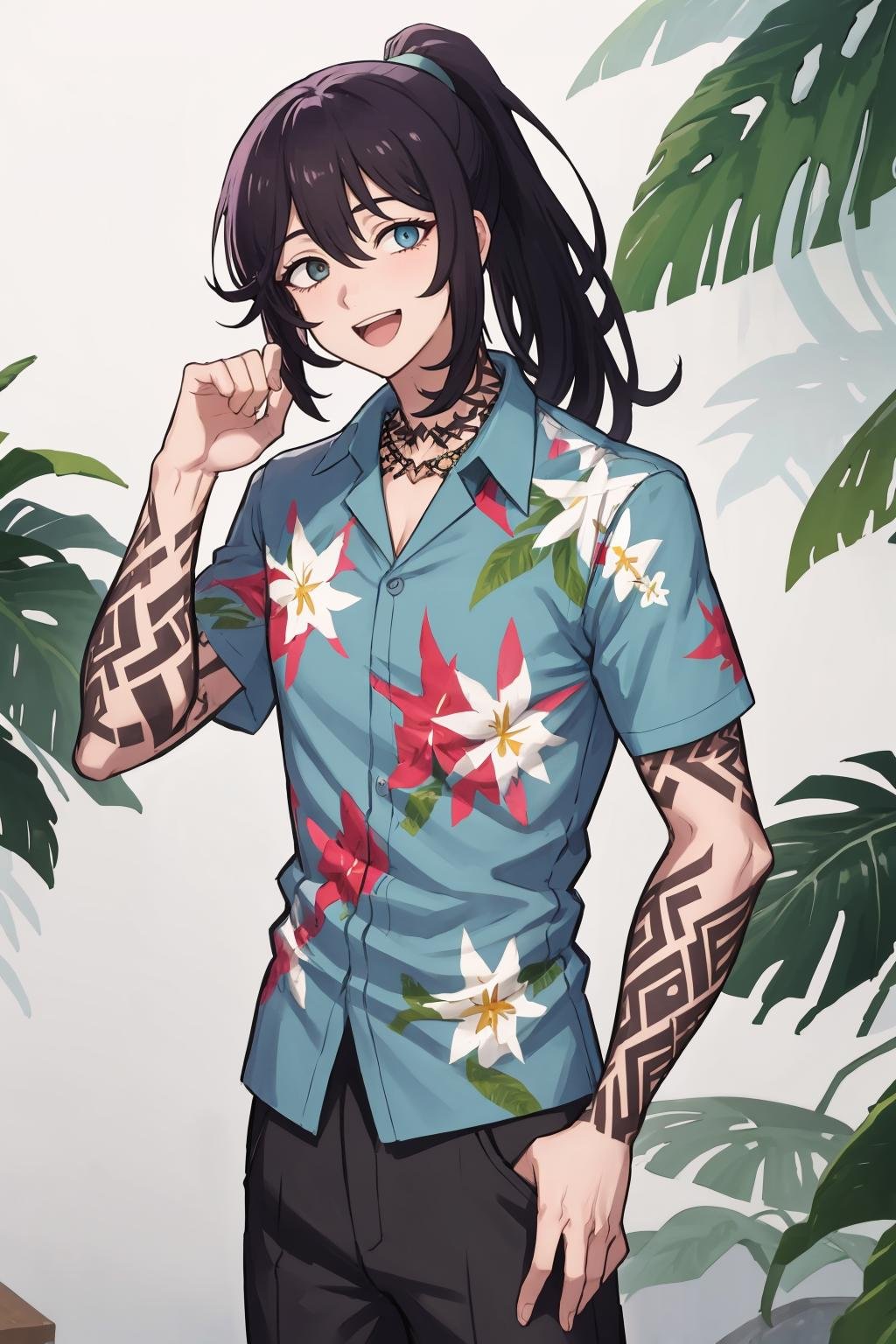 masterpiece, best quality, 1boy, solo, standing, <lora:honglu-lc-richy-v1:1> honglu, ponytail, grey eyes, heterochromia, hawaiian shirt, short sleeves, necklace, arm tattoo, looking at viewer, smile, :D