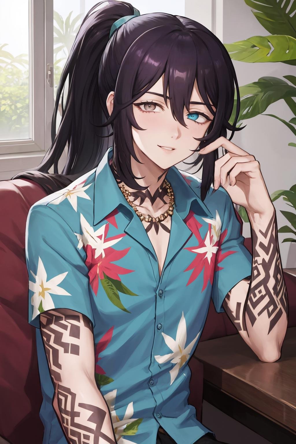 masterpiece, best quality, 1boy, male focus, solo, <lora:honglu-lc-richy-v1:1> honglu, ponytail, grey eyes, heterochromia, hawaiian shirt, necklace, arm tattoo, short sleeves, looking at viewer, parted lips, smirk