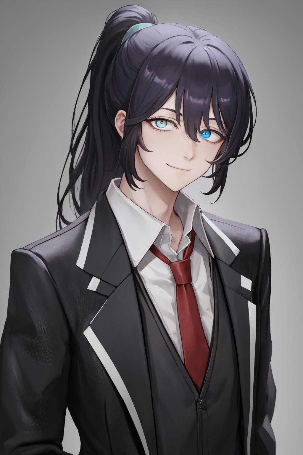 masterpiece, best quality, 1boy, male focus, solo, <lora:honglu-lc-richy-v1:1> honglu, ponytail, grey eyes, heterochromia, red necktie, collar shirt, black jacket, formal, smirk, looking at viewer, arms at sides