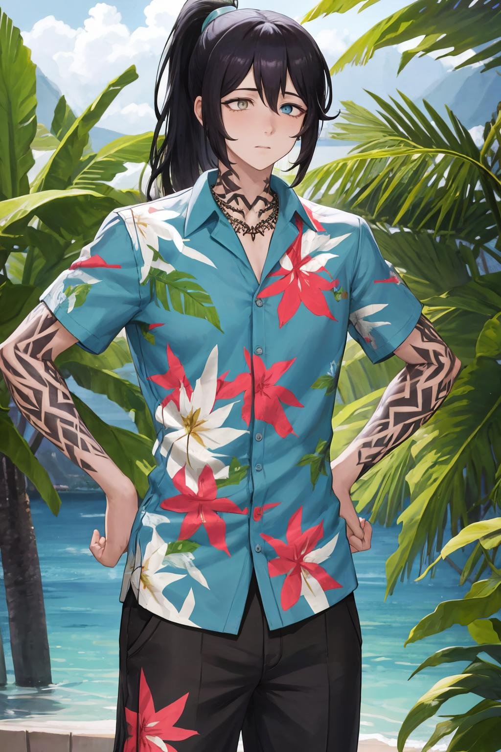 masterpiece, best quality, 1boy, solo, standing, <lora:honglu-lc-richy-v1:1> honglu, ponytail, grey eyes, heterochromia, hawaiian shirt, short sleeves, necklace, arm tattoo, hands on hips