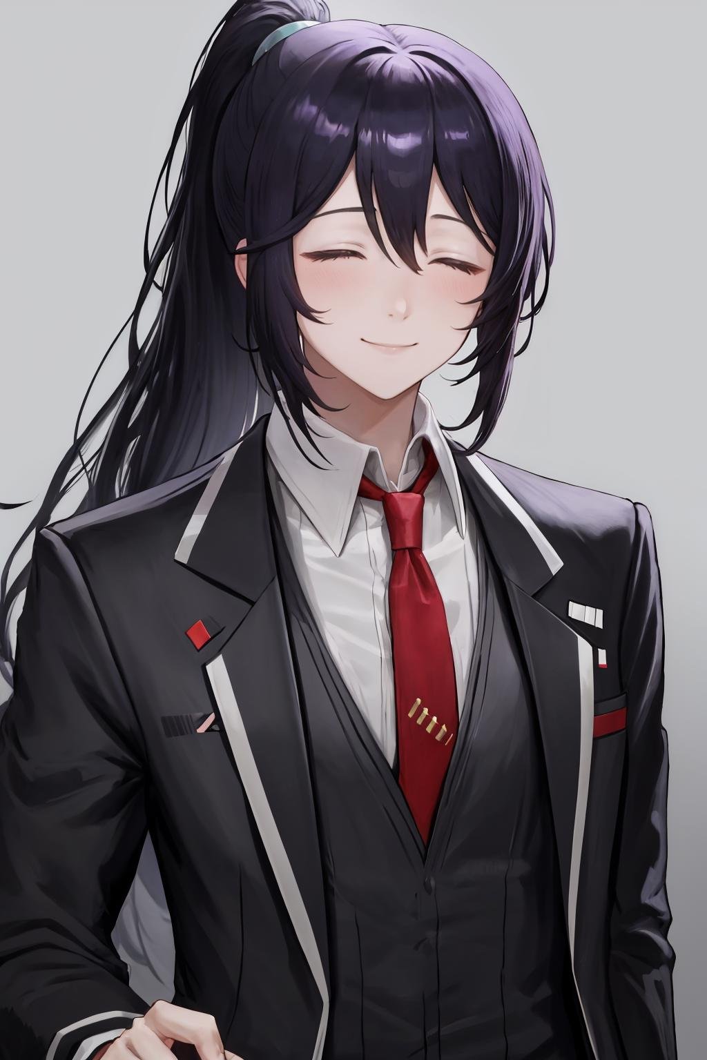 masterpiece, best quality, 1boy, male focus, solo, <lora:honglu-lc-richy-v1:1> honglu, ponytail, red necktie, collared shirt, black jacket, formal, looking at viewer, smile, closed eyes, 