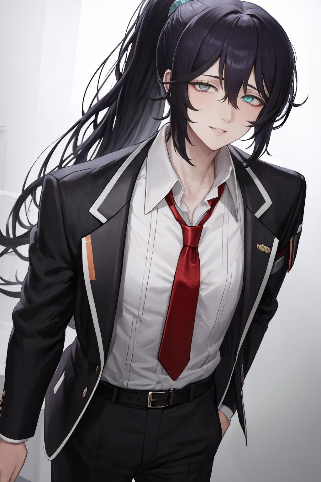 masterpiece, best quality, 1boy, male focus, solo, <lora:honglu-lc-richy-v1:1> honglu, grey eyes, heterochromia, ponytail, red necktie, collared shirt, black jacket, formal, looking at viewer, parted lips, smirk