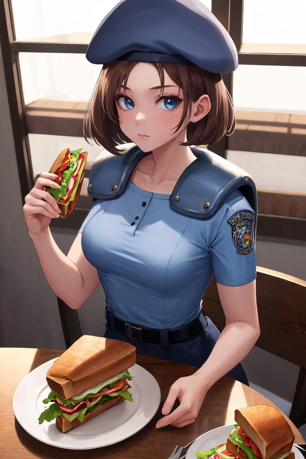 masterpiece, best quality, 1girl, solo, standing, <lora:jillvalentine-re-richy-v1:1> jillre1, beret, uniform, shoulder pads, looking at viewer, short sleeves, sandwich, holding, sitting, table, eating