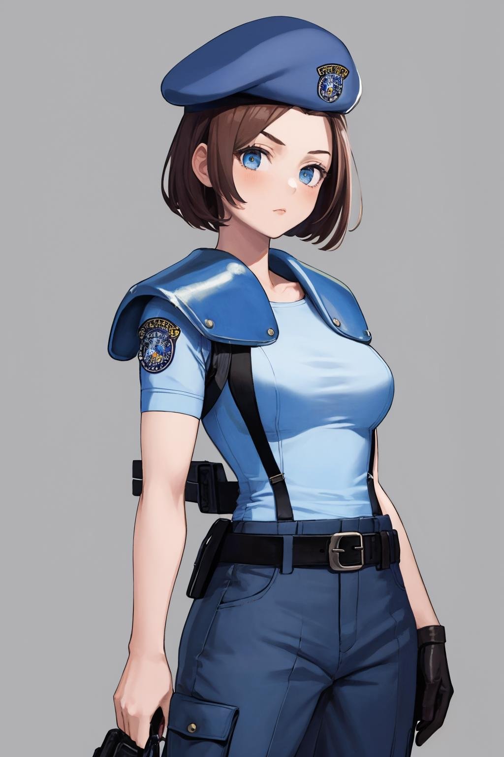 masterpiece, best quality, 1girl, solo, standing, <lora:jillvalentine-re-richy-v1:1> jillre1, beret, uniform, shoulder pads, short sleeves, harness, belt, pants