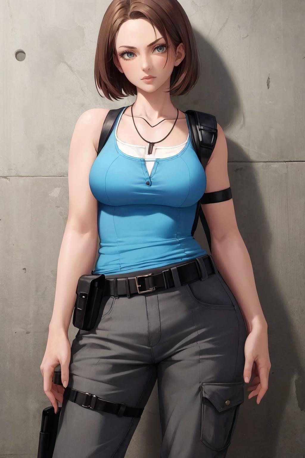 masterpiece, best quality, 1girl, solo, standing, <lora:jillvalentine-re-richy-v1:1> jillre3new, necklace, tank top, shoulder holster, pants, belt, holster, thigh strap, thigh pouch