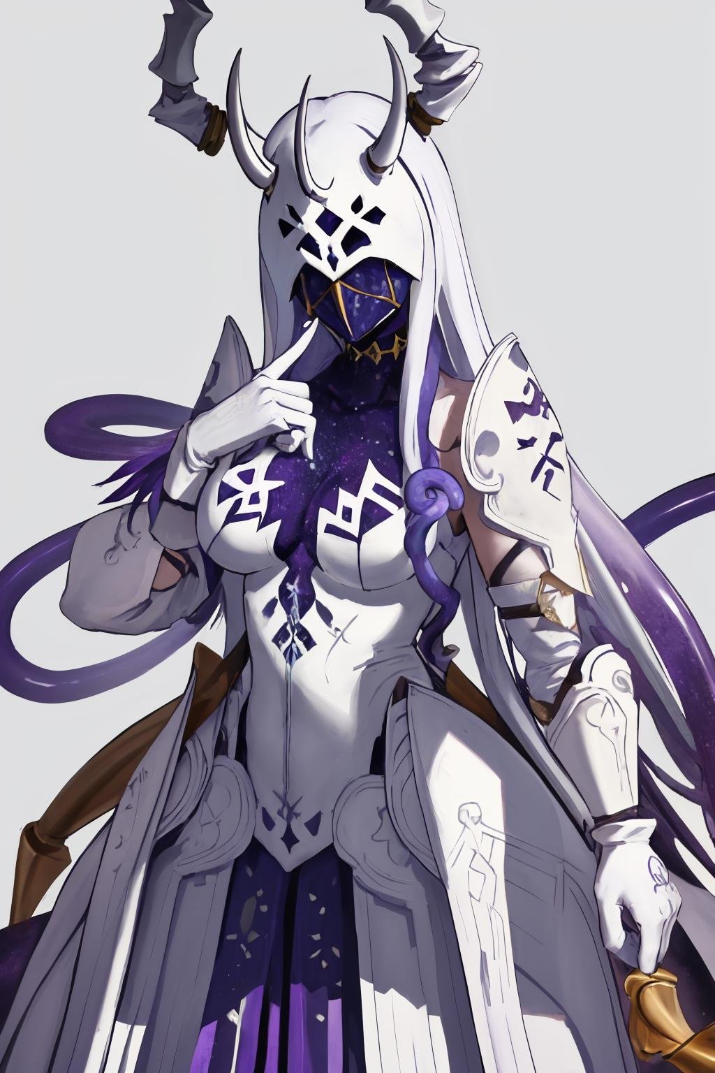 masterpiece, best quality, 1girl, solo, standing, <lora:ginnungagap-fe-richy-v1:1> ginnungagap, horns, colored skin, purple skin, faceless, mask, tentacles, white gloves, sword, dagger, holding