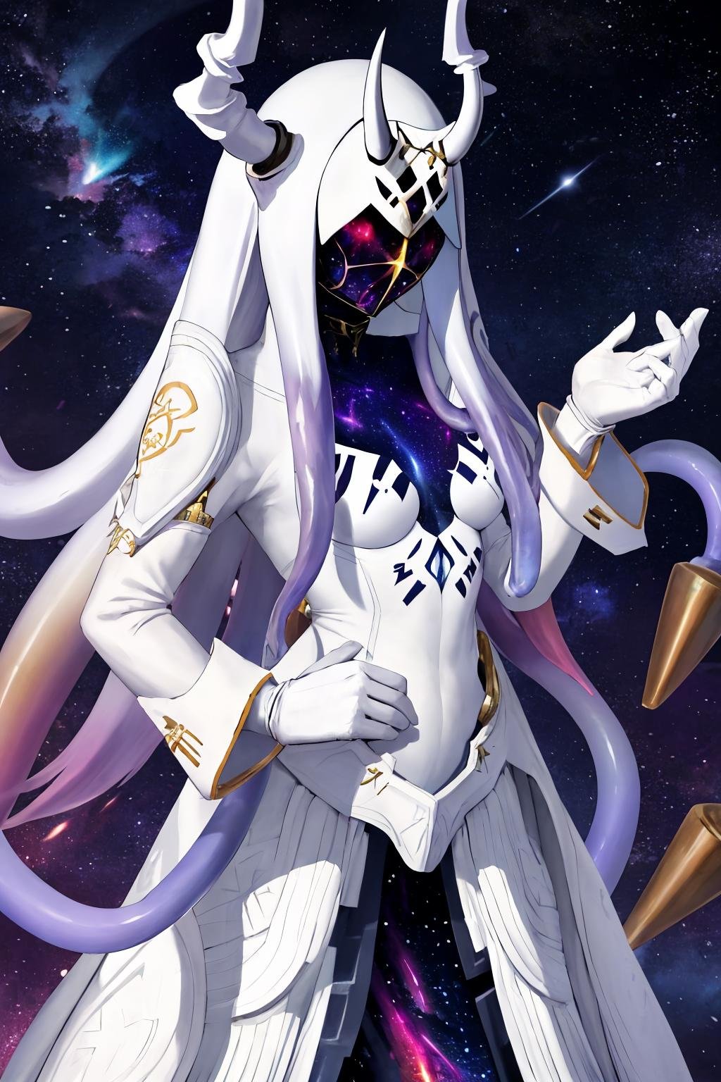 masterpiece, best quality, 1girl, solo, standing, <lora:ginnungagap-fe-richy-v1:1> ginnungagap, horns, colored skin, purple skin, faceless, mask, tentacles, white gloves, starry sky print, nebula, long sleeves