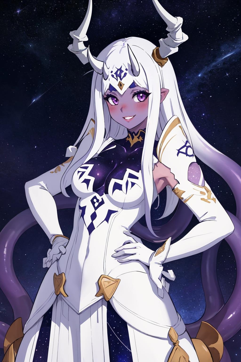 masterpiece, best quality, 1girl, solo, standing, <lora:ginnungagap-fe-richy-v1:0.75> ginnungagap, horns, colored skin, purple skin, tentacles, starry sky print, white gloves, smile, parted lips, looking at viewer, blush, hands on hips, cleavage