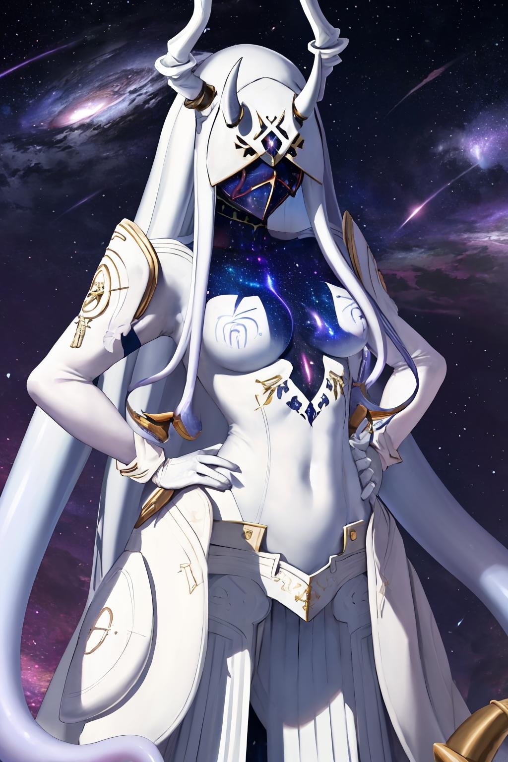 masterpiece, best quality, 1girl, solo, standing, <lora:ginnungagap-fe-richy-v1:1> ginnungagap, horns, colored skin, purple skin, faceless, mask, tentacles, white gloves, starry sky print, nebula, long sleeves, hands on hips