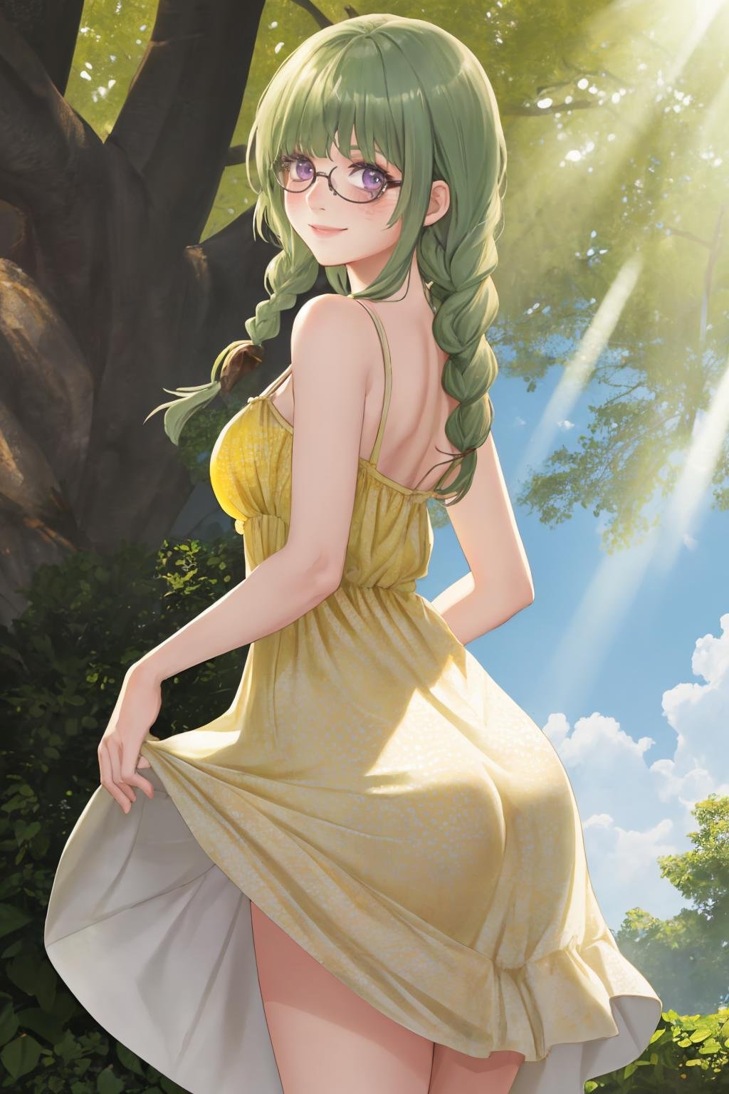 masterpiece, best quality, 1girl, (dappled sunlight:1.6), <lora:philiafelice-tod-richy-v1:1> philia, twin braids, hair ornament, glasses, looking back, looking at viewer, smile, blush, (yellow sundress:1.5), purple eyes, green hair, garden, dress lift, fantasy