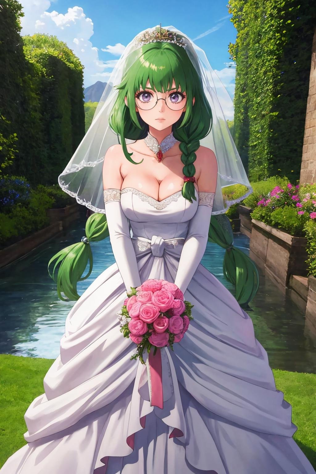 masterpiece, best quality, 1girl, solo, standing, <lora:philiafelice-tod-richy-v1:1> philia, twin braids, hair ornament, brooch, glasses, bridal gauntlets, bride, bridal garter, bridal veil, wedding dress, outdoors, fantasy, cleavage