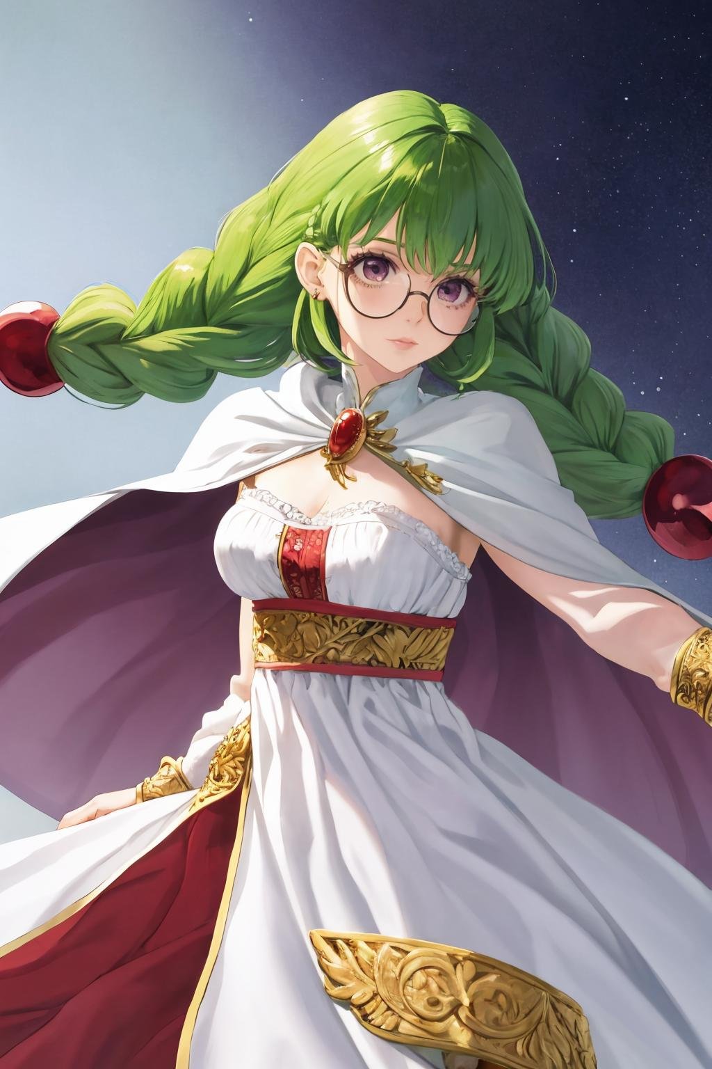 masterpiece, best quality, 1girl, solo, <lora:philiafelice-tod-richy-v1:1> philia, twin braids, hair ornament, glasses, jewelry, brooch, dress, cape 