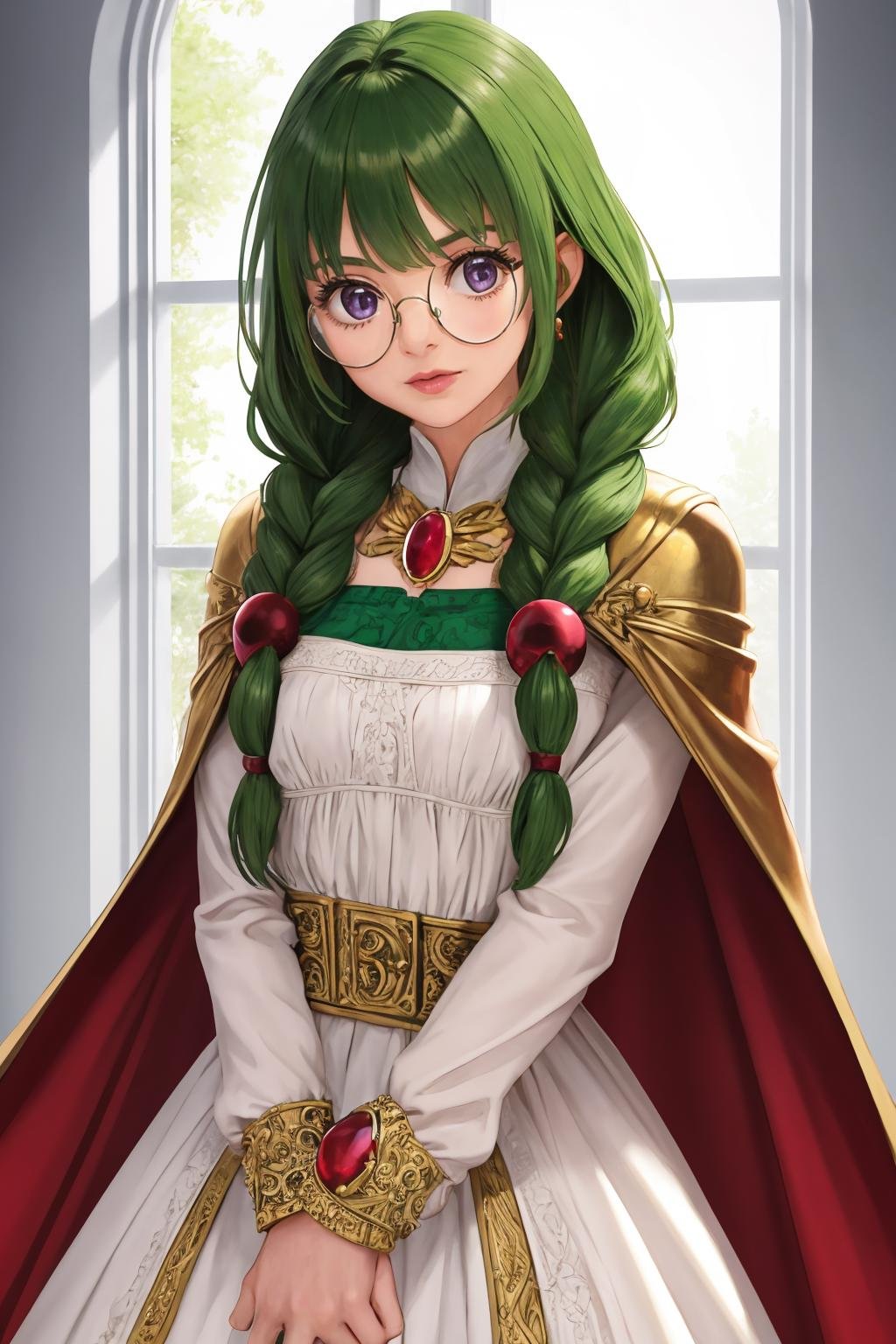 masterpiece, best quality, 1girl, solo, <lora:philiafelice-tod-richy-v1:1> philia, twin braids, hair ornament, glasses, jewelry, brooch, dress, cape 
