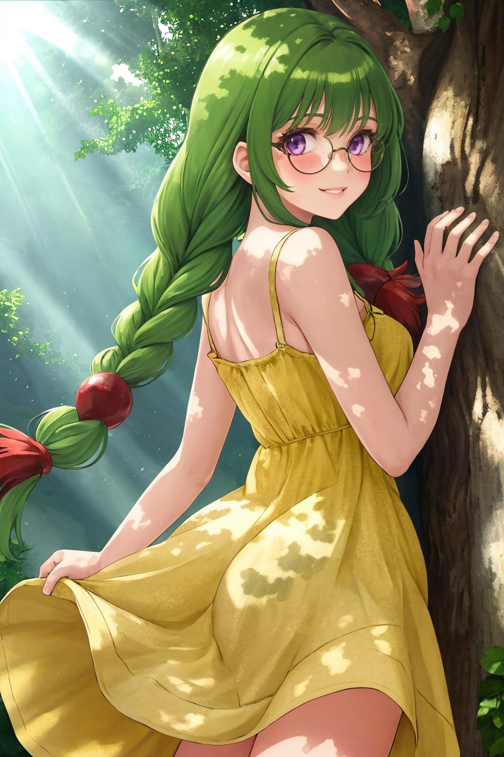 masterpiece, best quality, 1girl, <lora:philiafelice-tod-richy-v1:1> philia, twin braids, hair ornament, glasses, looking back, looking at viewer, smile, blush, (yellow sundress:1.3), purple eyes, green hair, garden, (dappled sunlight:1.6) 