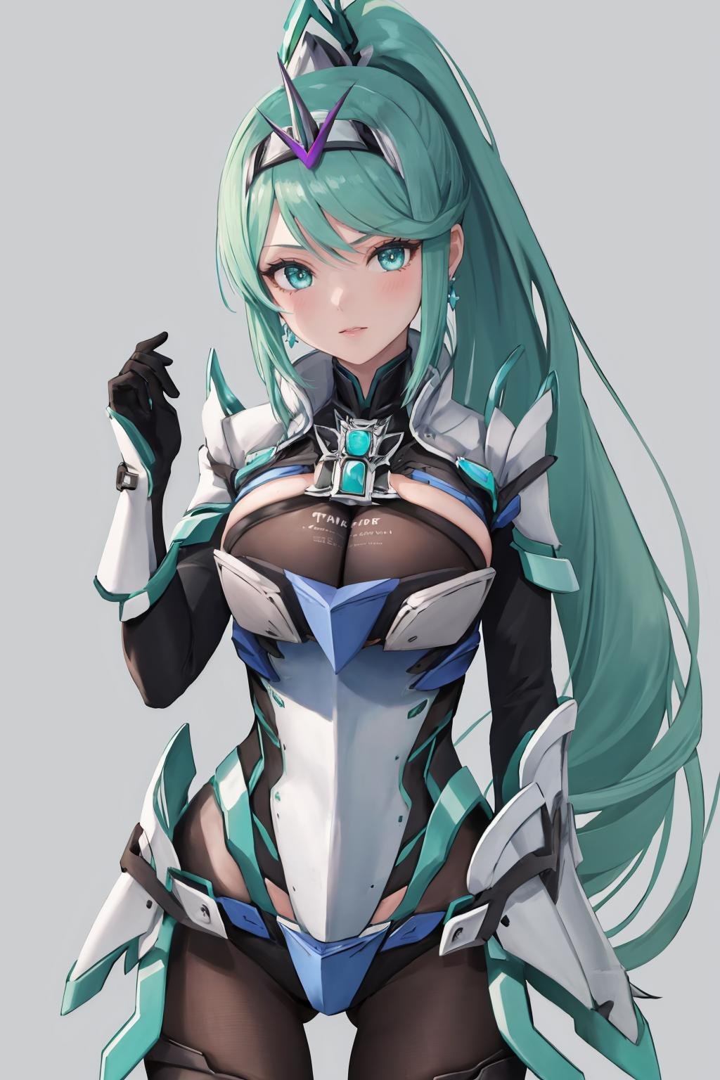 masterpiece, best quality, 1girl, solo, <lora:pneuma-xb-richy-v1:1> pneumadef, ponytail, tiara, earrings, chest jewel, armor, gloves