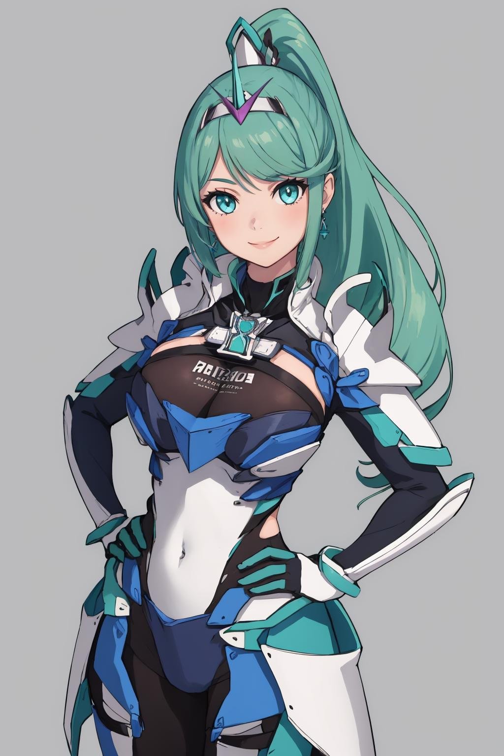 masterpiece, best quality, 1girl, solo, <lora:pneuma-xb-richy-v1:1> pneumadef, ponytail, tiara, earrings, chest jewel, armor, gloves, hands on hips, looking at viewer, smile