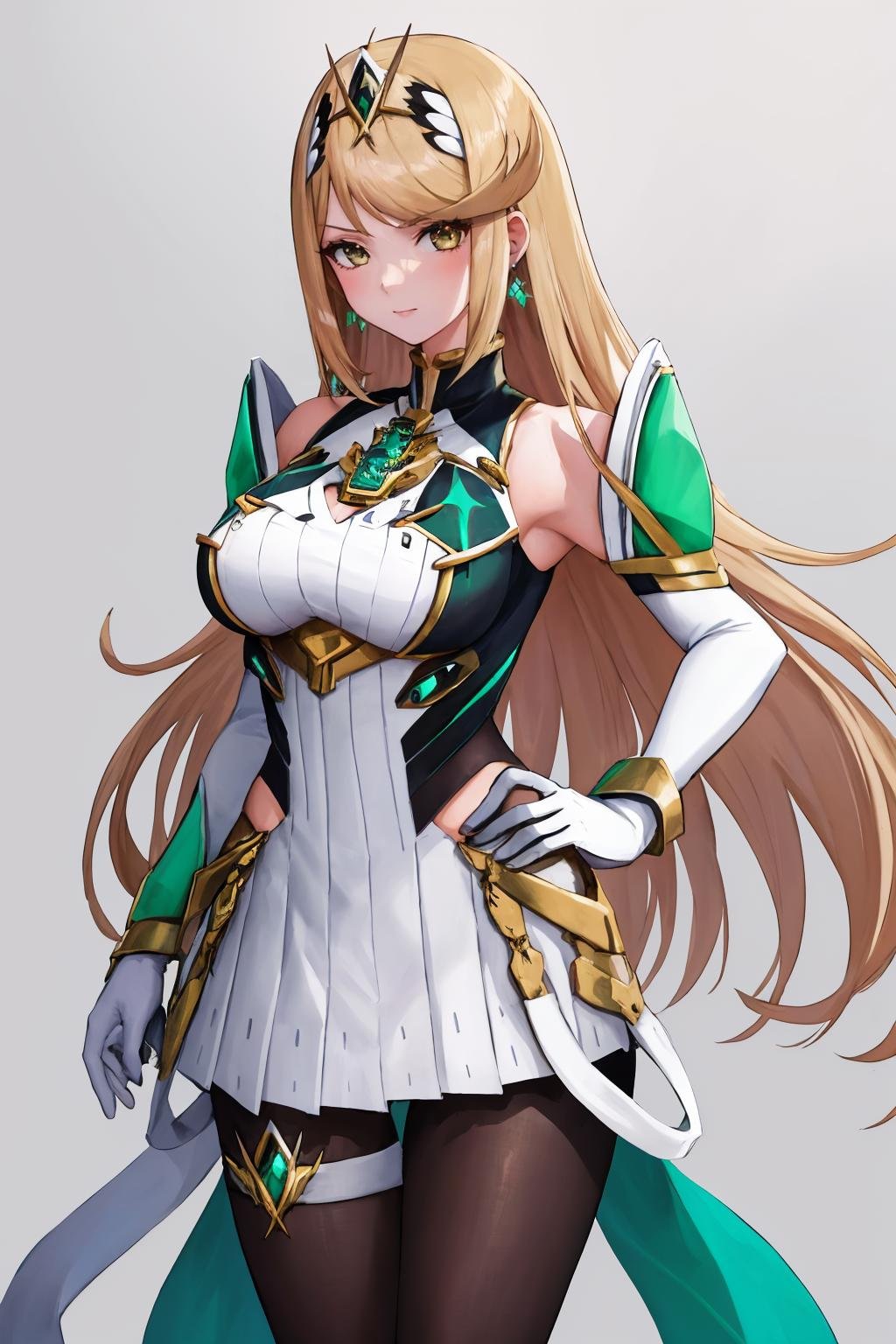 masterpiece, best quality, 1girl, solo, <lora:mythra-xb-richy-v1:1> mythramm, tiara, earrings, chest jewel, sleeveless, white skirt, elbow gloves, white gloves, thigh strap, pantyhose, arms at sides, 