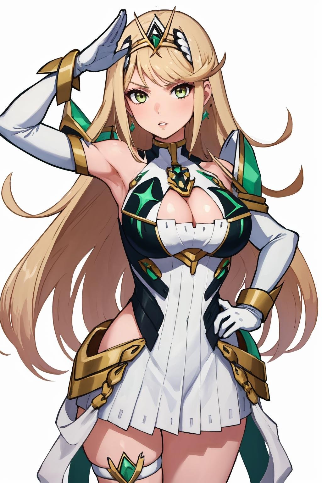 masterpiece, best quality, 1girl, solo, <lora:mythra-xb-richy-v1:1> mythradef, tiara, earrings, chest jewel, cleavage cutout, cleavage, white dress, short dress, elbow gloves, white gloves, thigh strap, salute, parted lips
