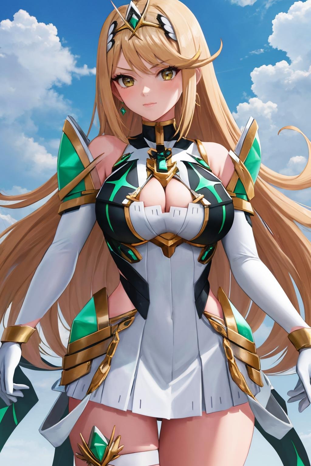 masterpiece, best quality, 1girl, solo, <lora:mythra-xb-richy-v1:1> mythradef, tiara, earrings, chest jewel, cleavage cutout, cleavage, white dress, short dress, elbow gloves, white gloves, thigh strap
