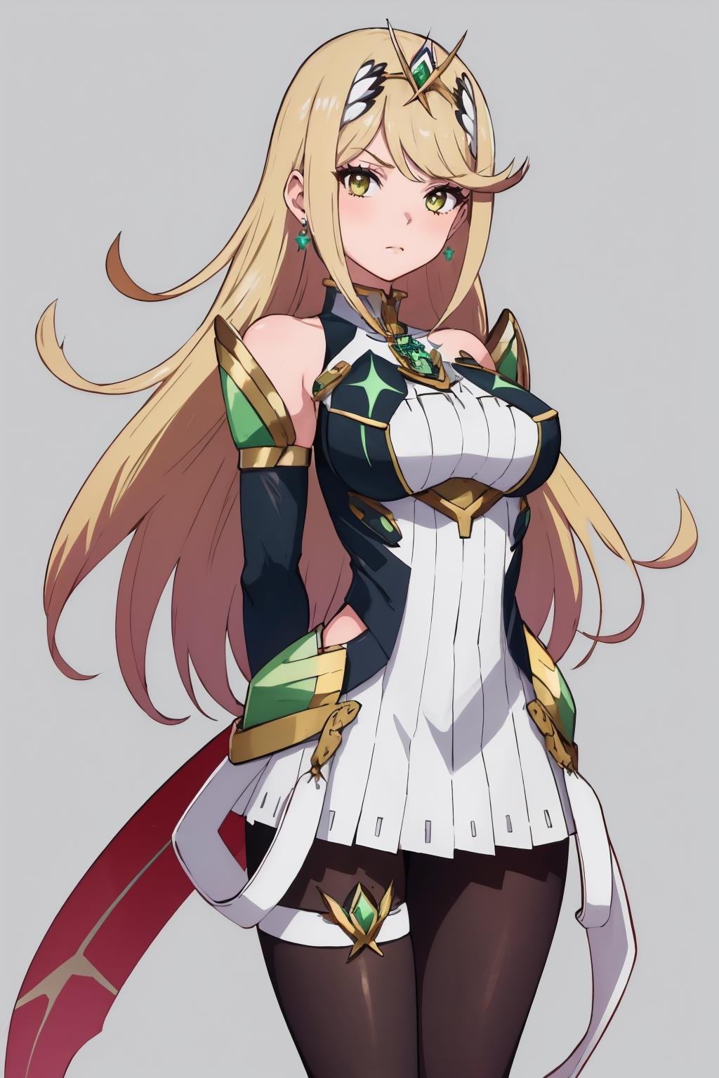 masterpiece, best quality, 1girl, solo, <lora:mythra-xb-richy-v1:1> mythramm, tiara, earrings, chest jewel, white sleeveless dress, skirt, elbow gloves, thigh strap, pantyhose, arms behind back