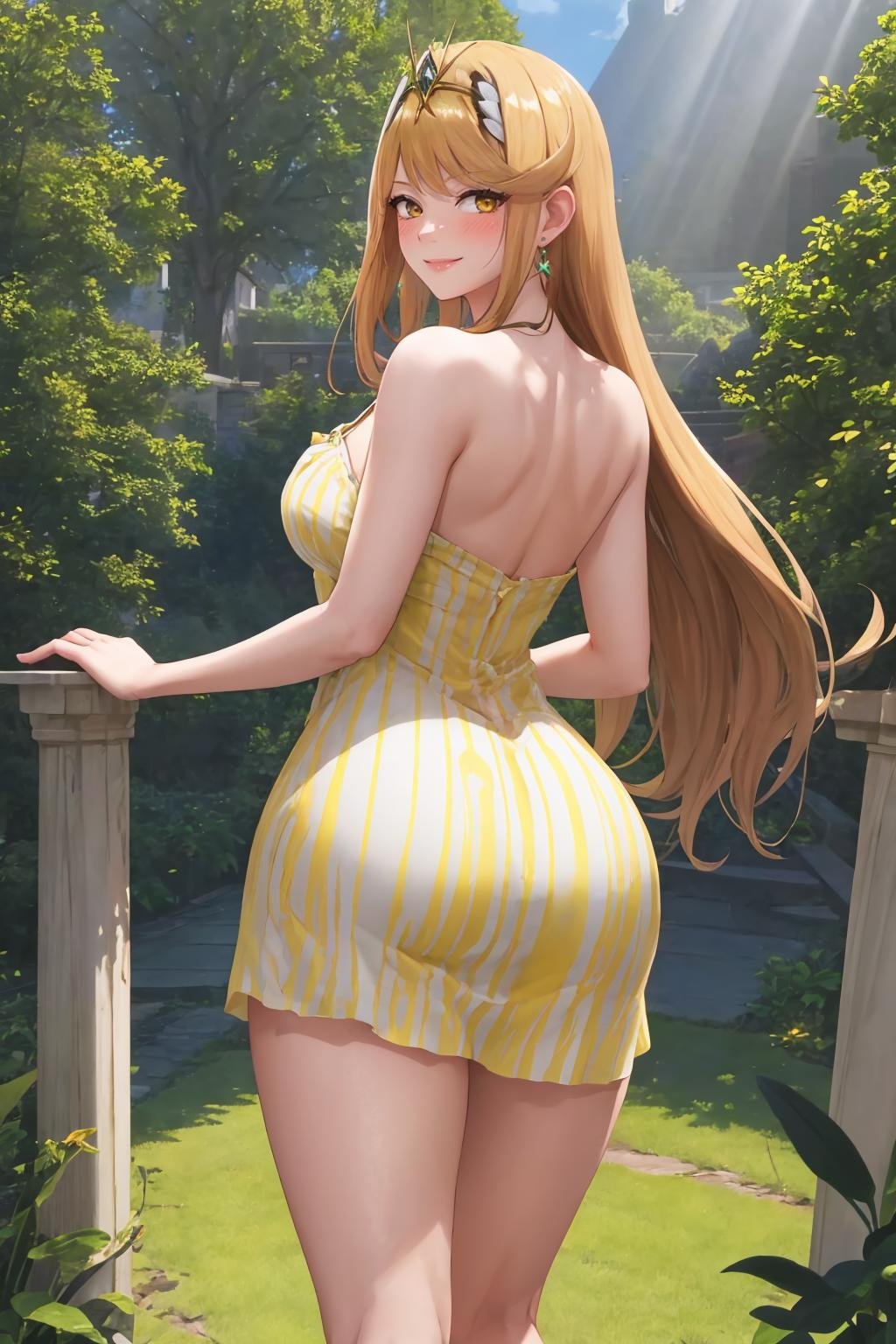 masterpiece, best quality, 1girl, solo, <lora:mythra-xb-richy-v1:1> mythrarnd, tiara, earrings, chest jewel, (yellow sundress:1.3), garden, from behind, ass, looking at viewer, smile, blush, thighs, beautiful, fantasy, picturesque, sunbeam, sunlight