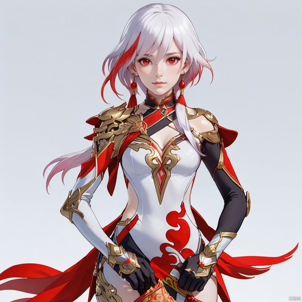  (masterpiece:1.3), (the best quality:1.2), (super fine illustrations:1.2), (Masterpiece), high quality, high detail, (white background:1.2), looking at viewer, (SOLO:1.4), outline, simplebackground, full body,1girl,messy hair,bare shoulders,gauntlets,mechanical parts,white skin,phoenix,jewelry,eyelashes,elbow gloves,armor,thighhighs,boots,red gloves,two-tone hair,earrings,gloves,tassel,leotard,skirt,dress,elbow gloves,streaked hair,fu hua,hair between eyes,multicolored hair,jewelry,hair ornament,chinese clothes,high heels,hair ribbon,white dress,braid,china dress,white hair,jewelry,gem,pink hair,white hair,red hair,red eyes
