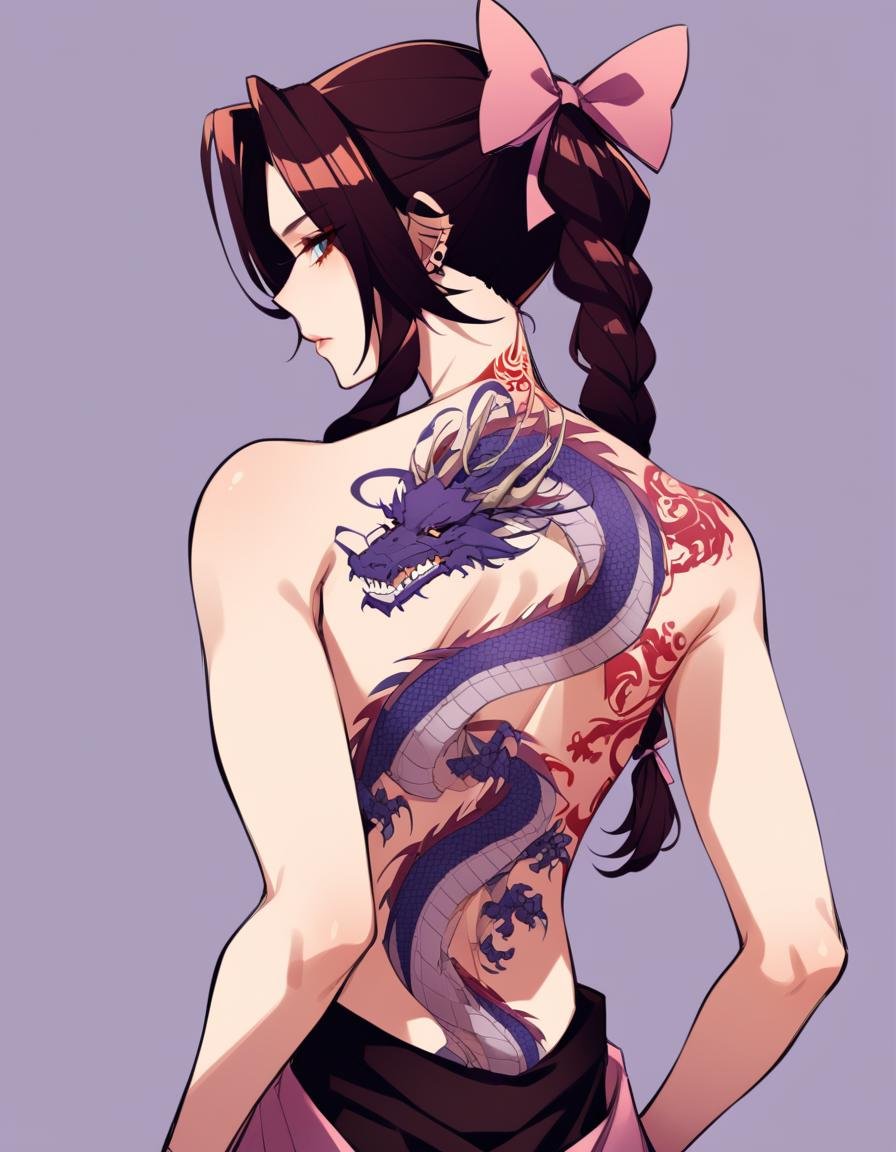 late,  1girl,  dragon tattoo, back tattoo,  <lora:lora-000006:0.8>, defaerith, braided ponytail, hair bow, pink bow,  <lora:aerith-xl-nvwls-v1:0.8> 