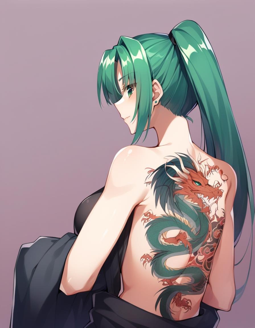 late,  1girl,   Mion Sonozaki, green hair, green eyes, ponytail,   <lora:MionXL:1> ,  dragon tattoo, back tattoo,  <lora:lora-000006:1>