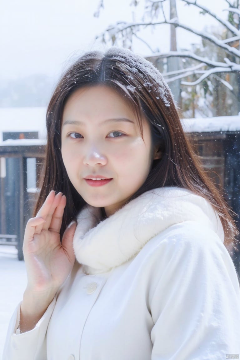  (masterpiece, best quality:1.2),Highly detailed,a woman,(snow:1.2),(snowing:1.2),snow,solo,scarf,long hair,smile,brown hair,bokeh,realistic,coat,blurry,, jiaxin, xiaoxue, 040, amei, yangyang, wawa, fanfan, xinxin