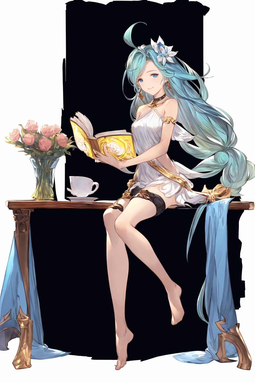 1girl,lyria \(granblue fantasy\),solo,long hair,barefoot,dress,blue hair,blue eyes,full body,ahoge,very long hair,sitting,white dress,book,looking at viewer,simple background,choker,reading,holding,bare shoulders,holding book,transparent background,armlet,white background,bridal gauntlets,smile,bare legs,open book,sleeveless,<lora:girl_Granblue Fantasy Art:1>