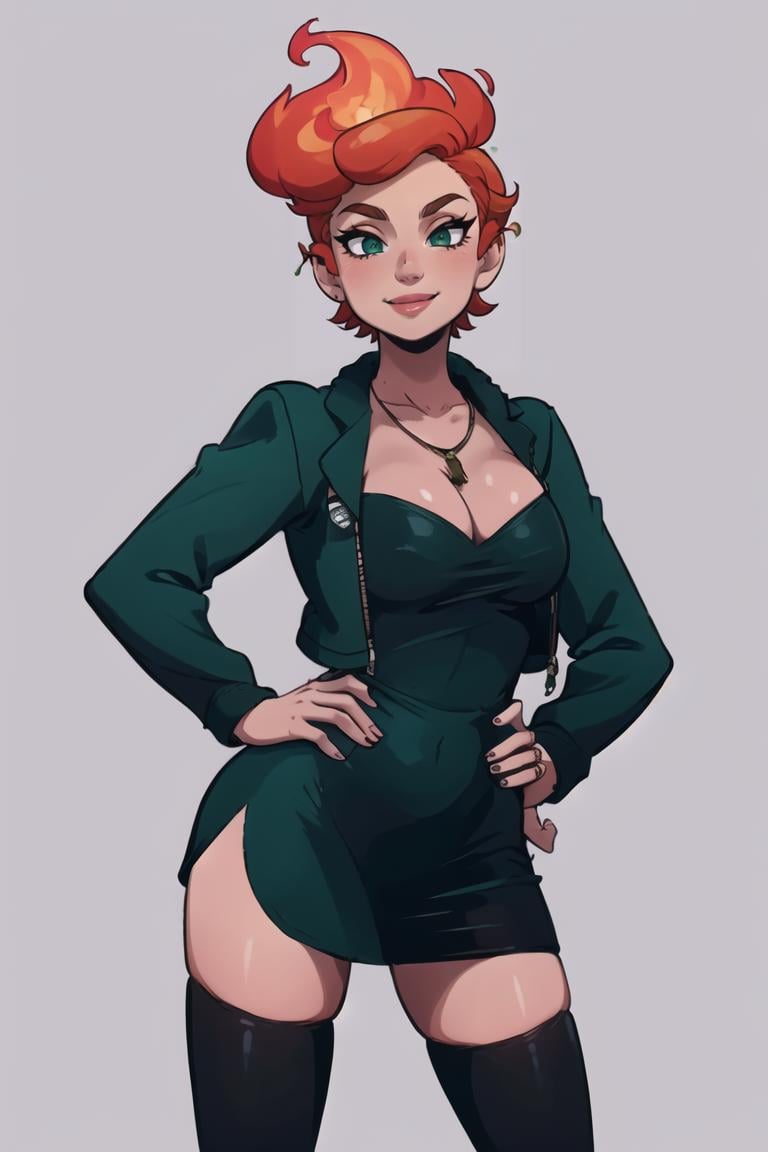 ((masterpiece,best quality)), absurdres, <lora:Fiery_Hair:0.8>, Fiery_Hair, 1girl, hand on hip, contrapposto, smile, short hair, thighhighs, dress, cleavage, jewelry, green eyes, jacket, red hair, black thighhighs, necklace, orange hair, black dress, zettai ryouiki, short dress,