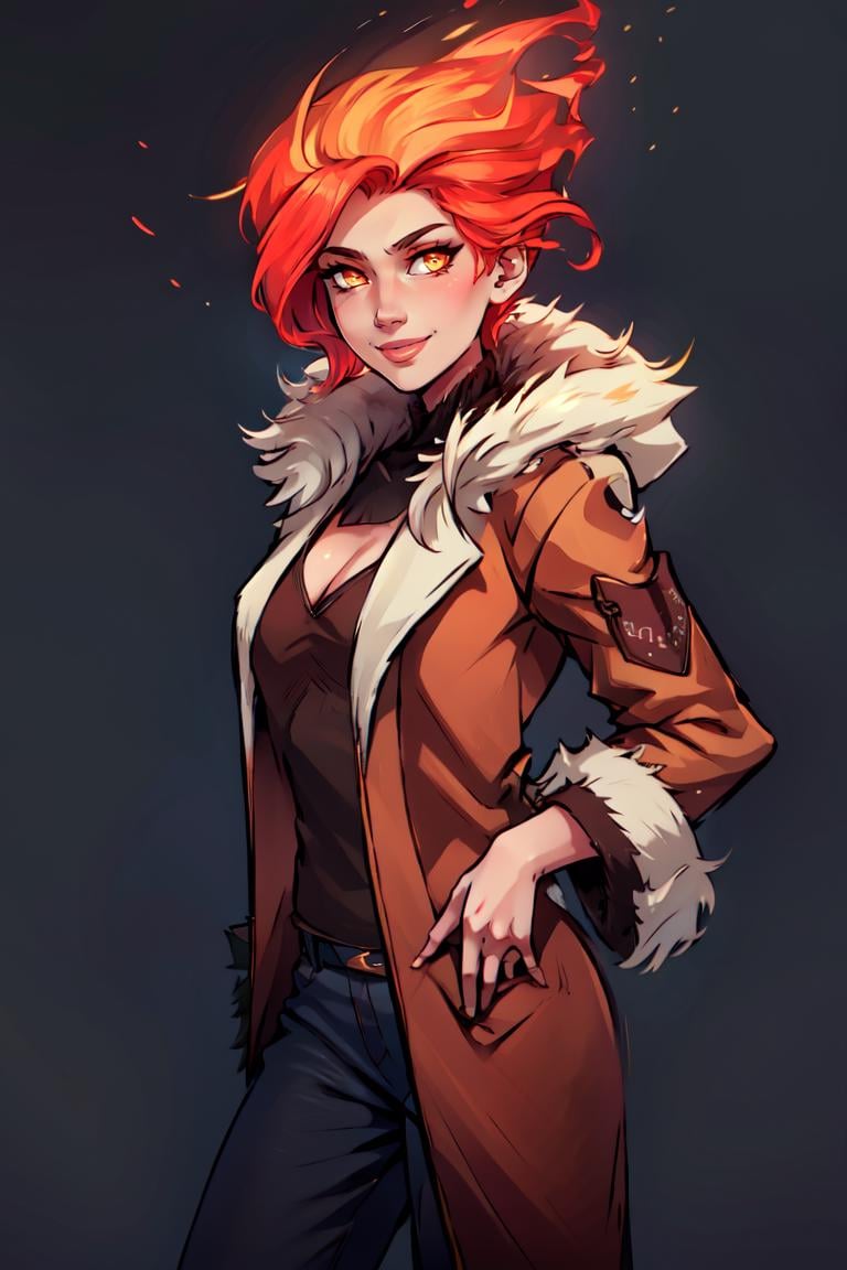 ((masterpiece,best quality)), absurdres, <lora:Fiery_Hair:0.8>, Fiery_Hair, fiery hair, glowing,  1girl,  solo, smiling, looking at viewer, cowboy shot,  (fur coat:1.5), cowboy shot,  