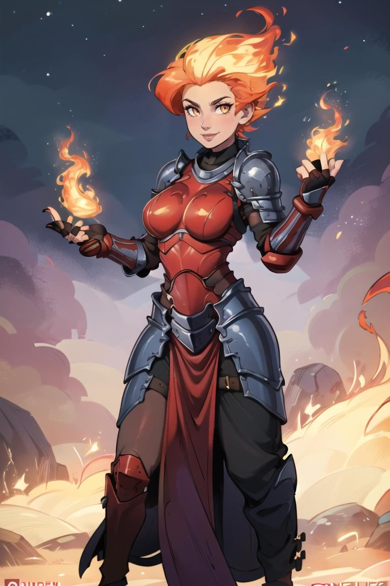 ((masterpiece,best quality)), absurdres, <lora:Fiery_Hair:0.8>, Fiery_Hair, fiery hair, glowing,  1girl,  solo, smiling, looking at viewer, cowboy shot,  shiny metal, full body armor, breastplate, fingerless gloves, shoulder armor, gauntlets 