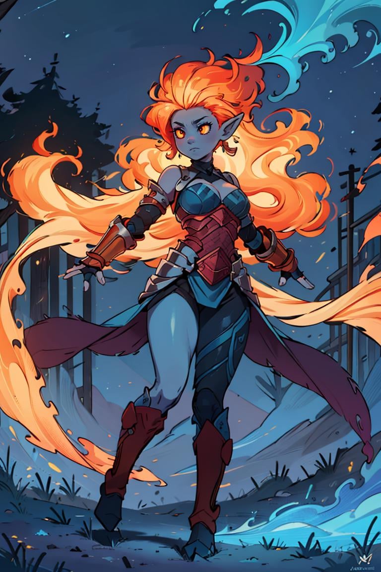 ((masterpiece,best quality)), absurdres, <lora:Fiery_Hair:0.8>, Fiery_Hair, fiery hair, glowing,  long hair, large breasts, cleavage, bare shoulders, very long hair, blue fire, blue fire hair, upper body, outdoors, sky, pointy ears, night, floating hair, colored skin, colored sclera, flat color, yellow sclera shiny metal, full body armor, breastplate, fingerless gloves, shoulder armor, gauntlets 