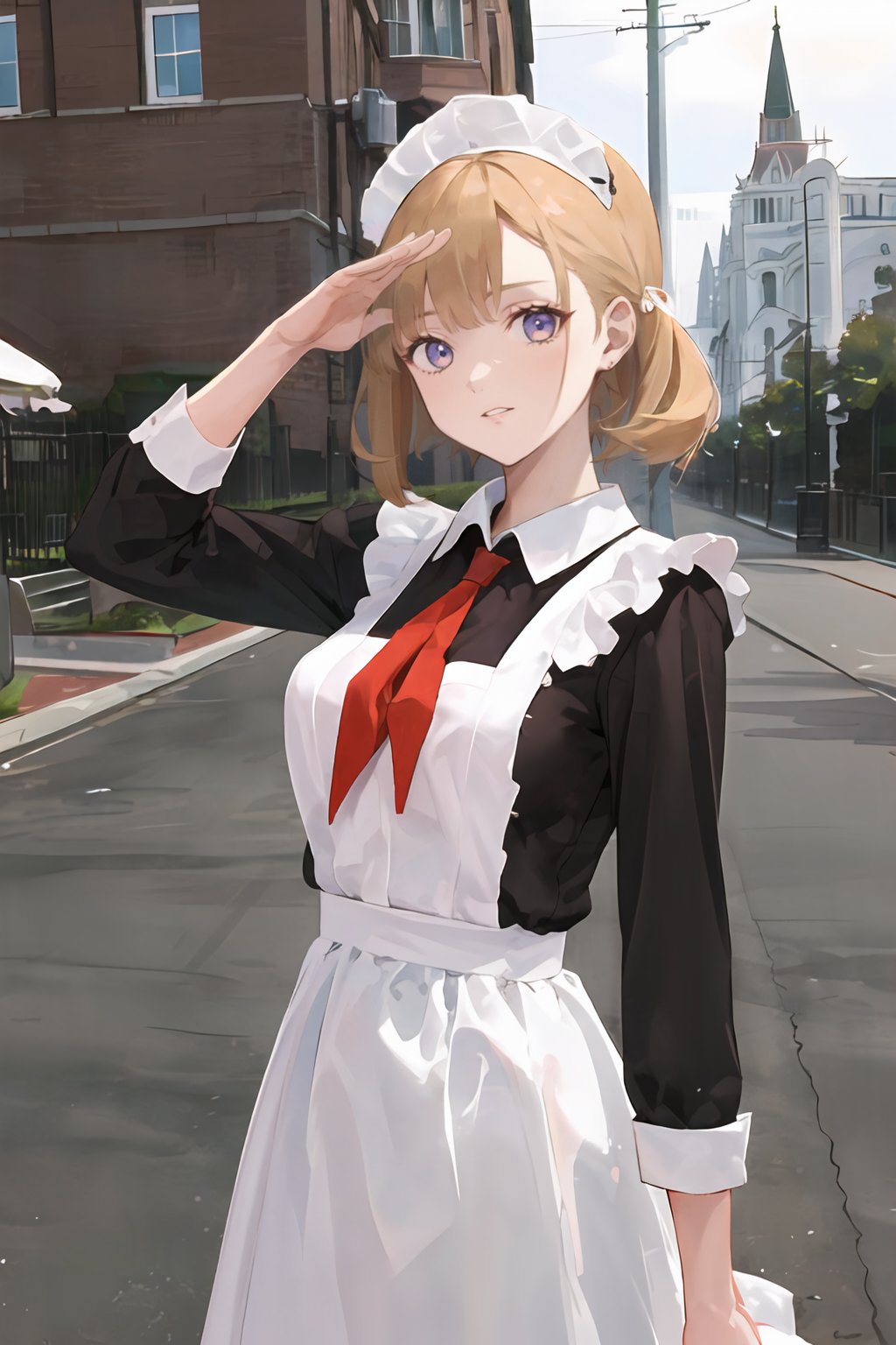 masterpiece,highres,1girl,kid,solo,blonde,cccpuniform,red neckchief,looking at viewer, white apron,(white collar:1.3) ,communism ideology,salute,red flag,moscow,outdoors, <lora:cccpuniform:0.7>  <lora:GoodHands-vanilla:1>