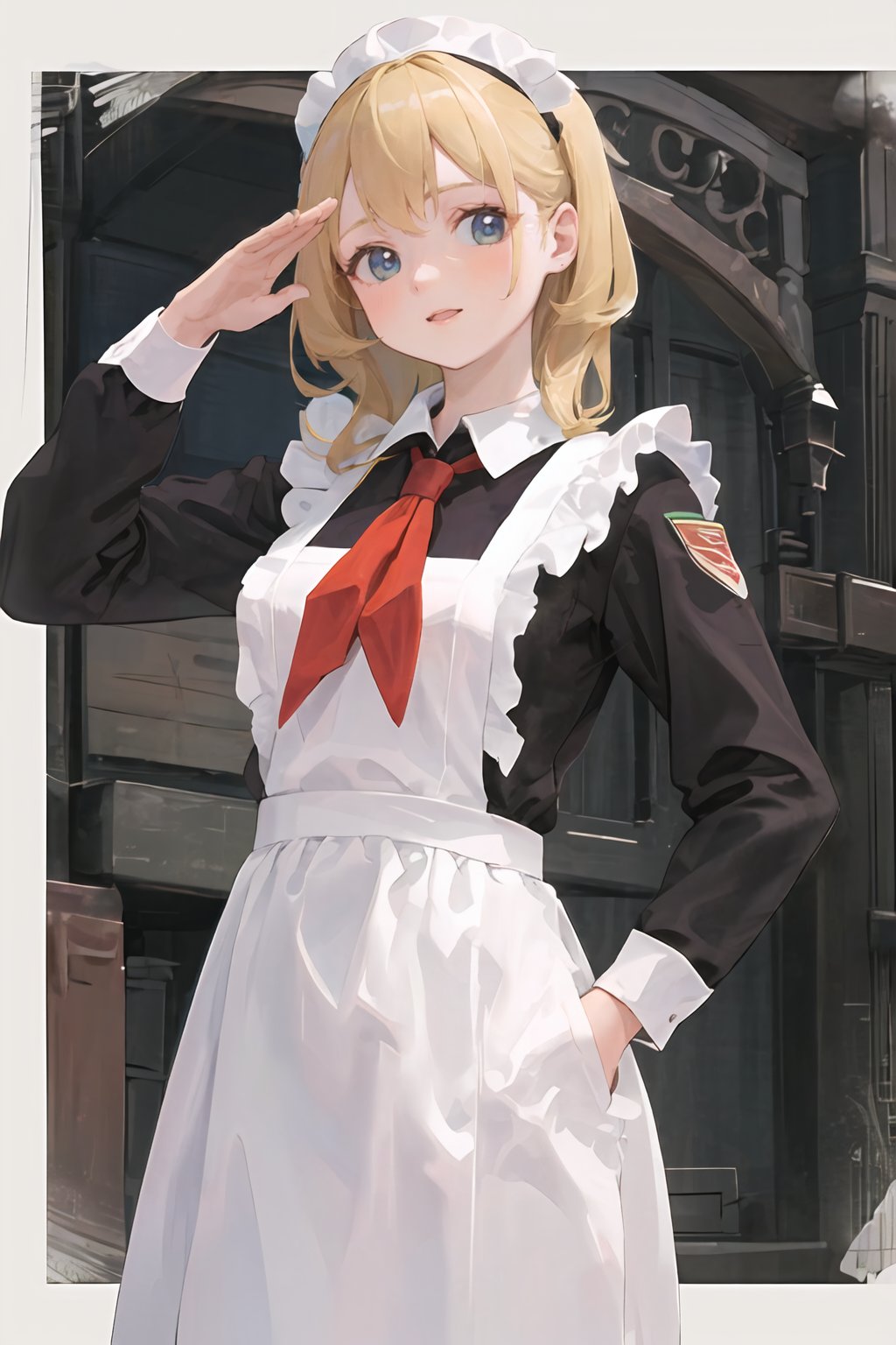 masterpiece,highres,1girl,kid,solo,blonde,cccpuniform,red neckchief,looking at viewer, white apron,(white collar:1.3) ,communism ideology,salute,red flag <lora:cccpuniform:0.7>  <lora:GoodHands-vanilla:1>