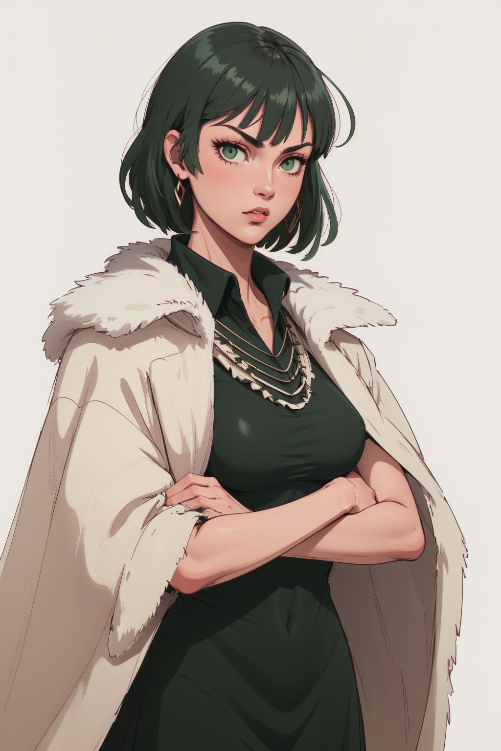 (masterpiece, best quality:1.2), , cowboy shot, solo, 1girl, fubuki, expressionless, crossed arms, green hair, taut clothes, fur coat, jewelry, necklace,fubuki