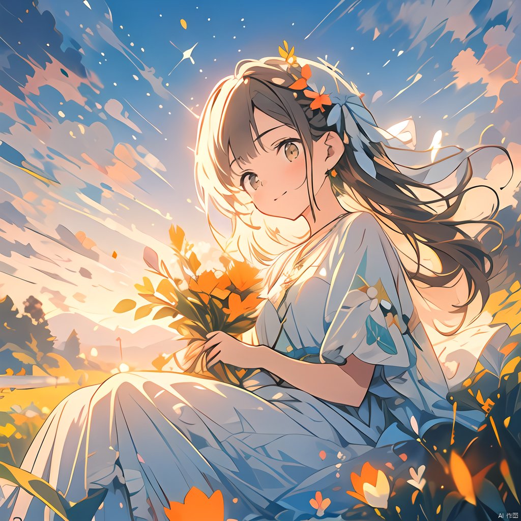 1girl, solo, dress, jewelry, outdoors, hair ornament, long hair, looking at viewer, earrings, sitting, hair flower, holding, blue dress, smile, sky, blush, ribbon, bangs, holding flower, hair ribbon, brown hair, short sleeves, closed mouth, blue ribbon, necklace, sunset, cloud, grass, field, petals, yellow eyes, orange flower, yellow flower