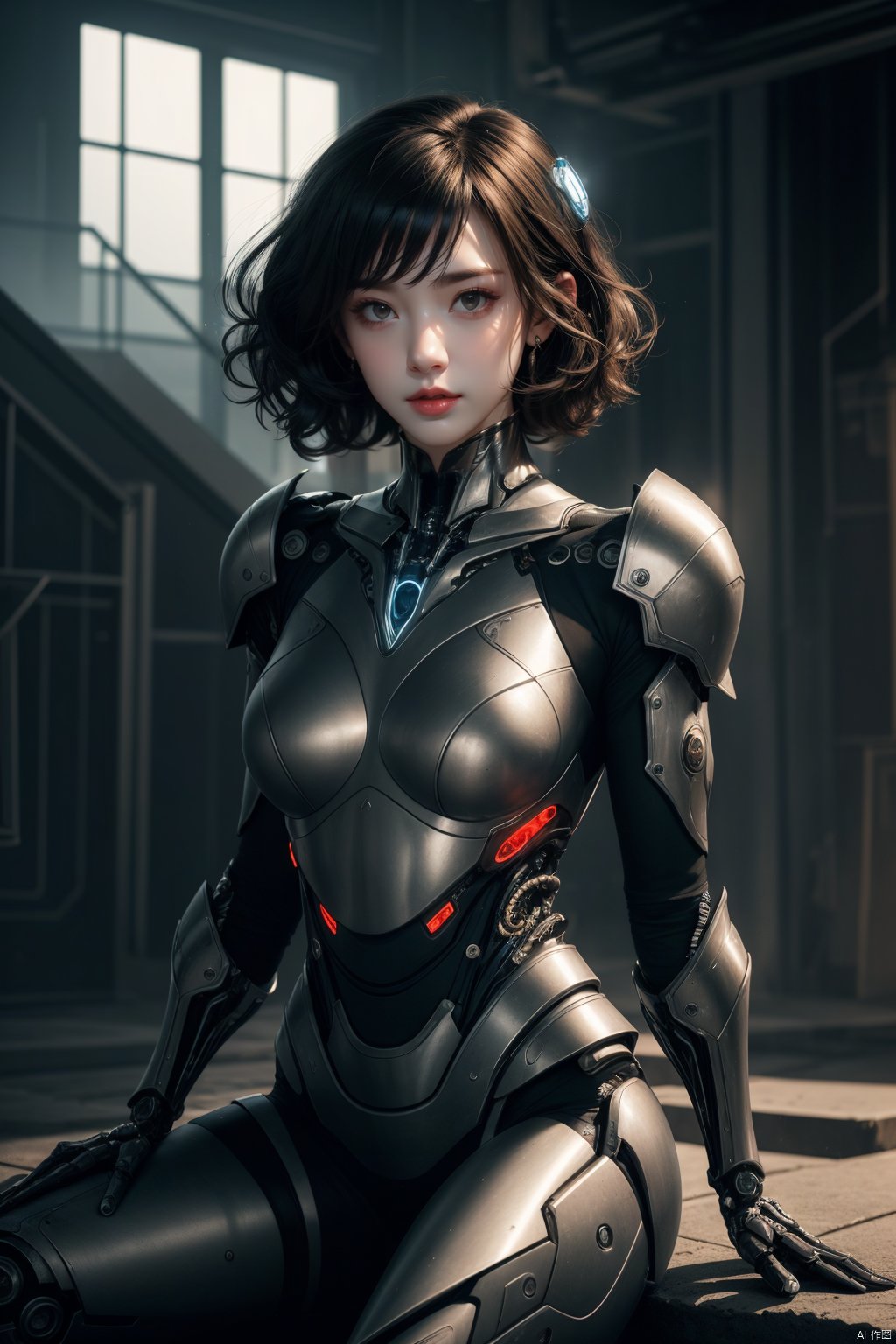  dramatic lighting,1girl,short curly hair,cyborg,armor,biomechanical environment,sitting