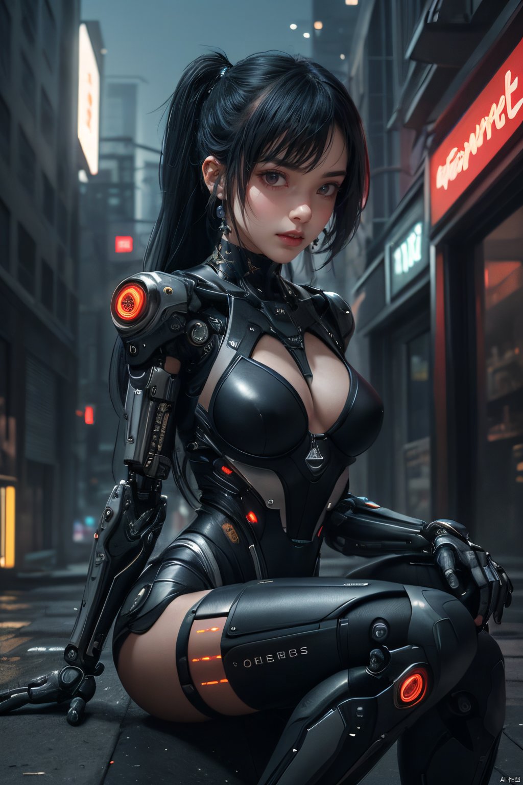  (best quality, masterpiece, colorful, dynamic angle, highest detailed)upper body photo, full body photo, fashion photography of cute 1girl, mechanical arms, cyborg, dark mood, dystopia, glowing, looking at viewer, sitting, long hair, bokeh (intricate details, hyperdetailed:1.15), detailed, moonlight passing through hair, (official cyberpunk art, extreme detailed, highest detailed), HDR+,light master