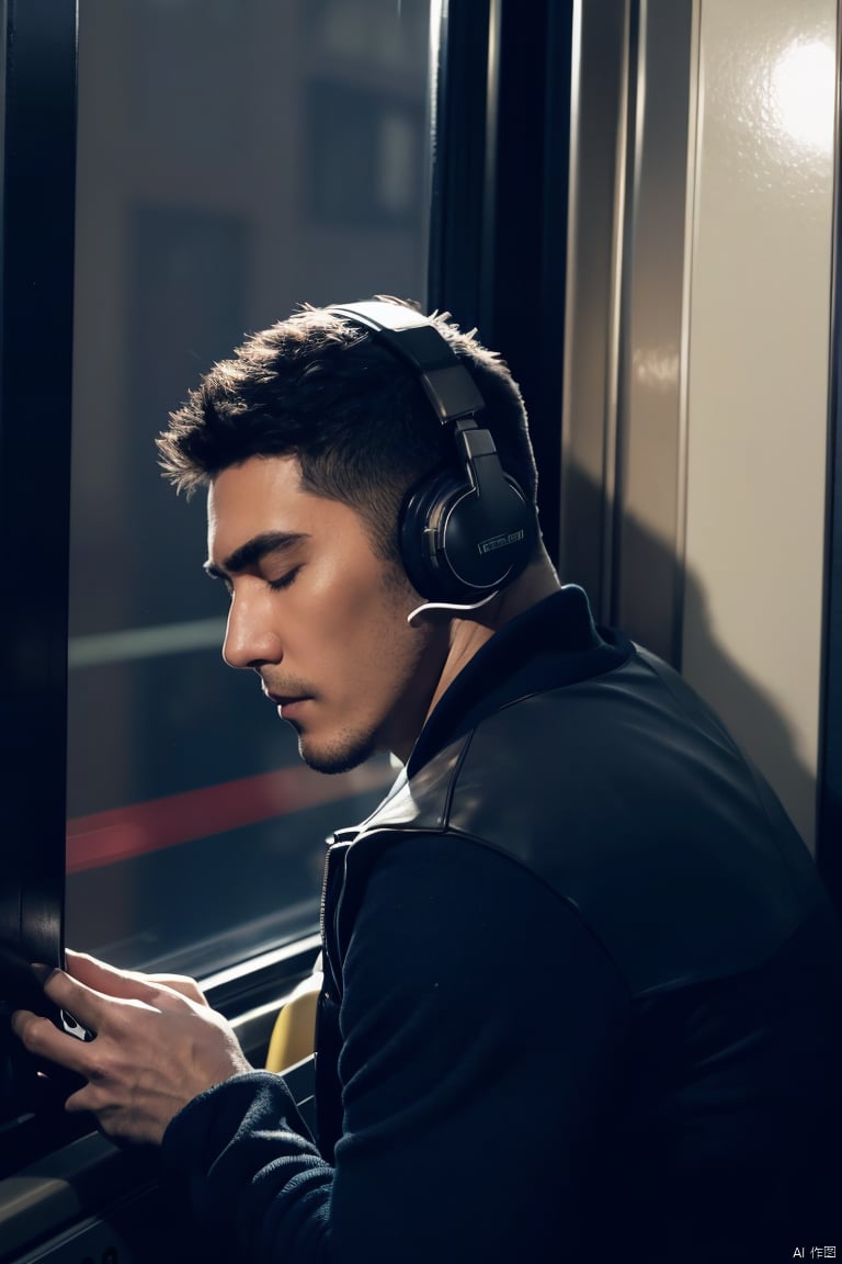  1man leans against the door of a train, his eyes closed as he listens to music through his headphones,(The train is passing through a city at night), and the city lights flicker in the window behind him,his face is serene, a contrast to the bustling world outside,The scene captures a moment of personal tranquility amidst the urban chaos,(close up),dark lighting,cyberpunk,1man, 