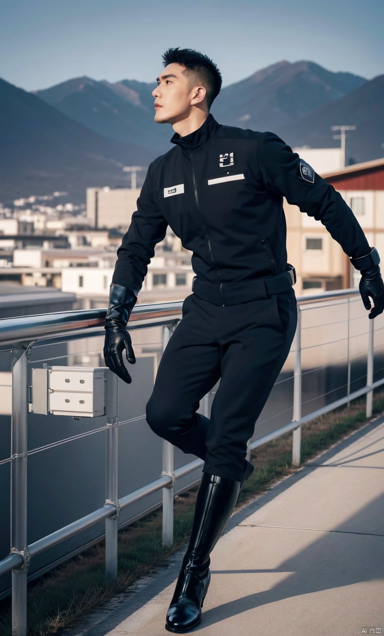  1man,asian,exquisite facial features,handsome,tall,male focus,aria_company_uniform,(knee_boots),gloves,armband,muscular,full body,dynamic pose,(masterpiece, realistic, Realism, best quality, highly detailed, 8K Ultra HD, sharp focus, profession),soft lighting,blurry,outdoors,Dynamic angle,1man