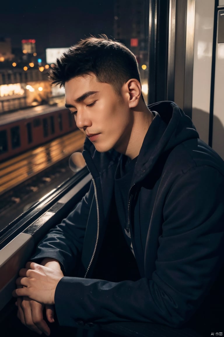  1man leans against the door of a train, his eyes closed as he listens to music through his headphones,(The train is passing through a city at night), and the city lights flicker in the window behind him,his face is serene, a contrast to the bustling world outside,The scene captures a moment of personal tranquility amidst the urban chaos,(close up),dark lighting,cyberpunk,1man, 