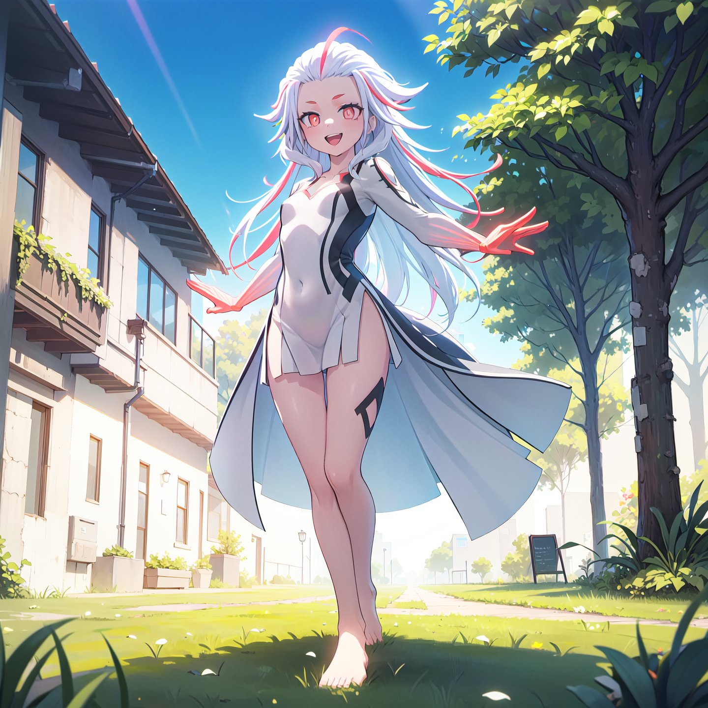 (extremely detailed fine touch, ultra detailed:1.3), masterpiece, best quality, highly quality, 
BREAK, 
Ai-ba, 1girl, solo, alone, glowing eyes, long hair, streaked hair, red eyes, smile, happy, open mouth, white dress, skin_tight, (red gloves), leg tattoo, bare legs, barefoot, reaching towards viewer, (standing, full body), looking at viewer, perfect hands, perfect limbs, perfect body, perfect hands, perfec finger, anatomically_correct, correct_anatomy, correct hands, 
BREAK, 
(cinematic lighting, perfect lighting, dramatic lighting, volumetric lighting, light rays, ray tracing:1.2), detailed background, complex background, (depth_of_field), (outdoors), park, sunny day, blue sky, trees,long hair